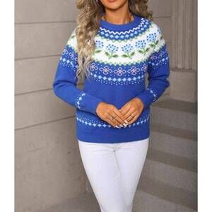 NEW ANNA-KACI floral fair isle knit sweater in blue